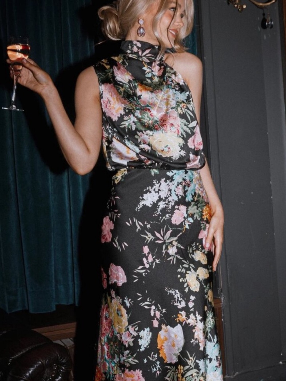 Petal & Pup Black Floral Halter Midi Dress with Pink and Yellow Blooms